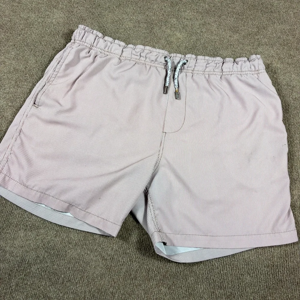 Vintage Summer Swim Shorts Mens Large White Brown Striped Seersucker Drawstring